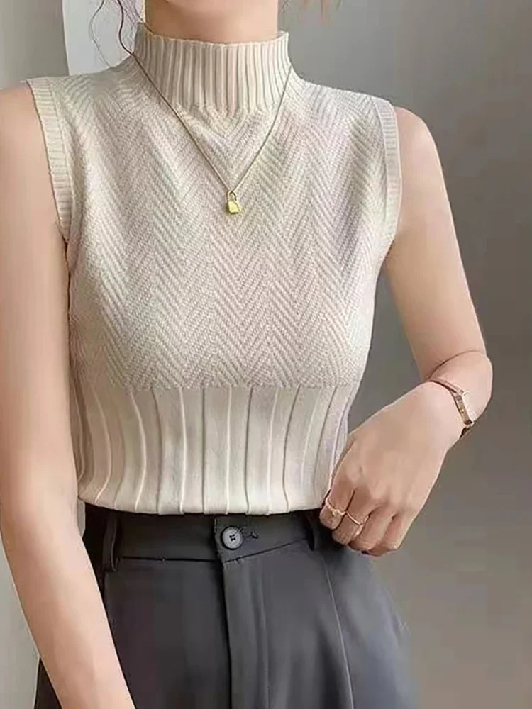 Women Summer Casual Knitted Tank Tops Solid Sleeveless Half High Collar Slim Base Shirt Sexy Top Knitwear Y2k High Street