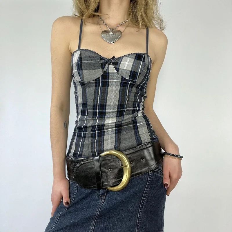 Candyhot Plaid Patchwork Slim Casual Spaghetti Strap Top Vintage Y2K Sleeveless Backless Tank Top 2024 Autumn Streetwear Camis