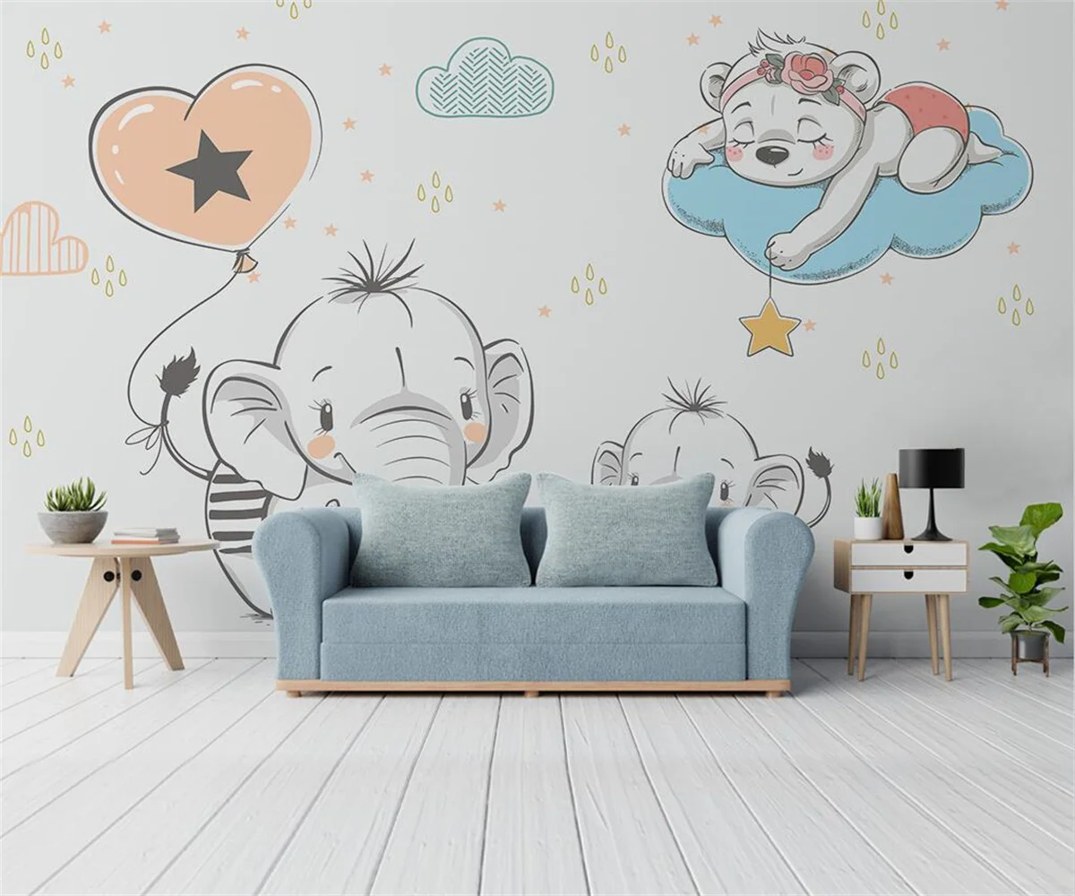 

Custom cartoon wallpaper Nordic simple hand-painted cartoon fantasy star elephant children's room background wall 3d wallpaper