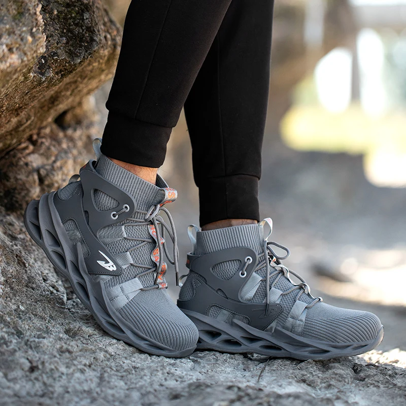 Men Work Boots With Steel Toe Cap Breathable Anti-smash Work Sneakers Safety Shoes Indestructible Work Boots Hiking Shoes Grey