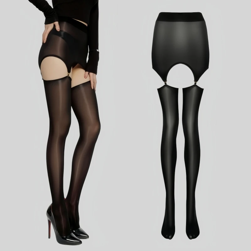 

Solid Colors Oil Shiny Buttocks Mini Skirt Women Sexy Lingerie Set Collocation Hose Garter Belt With Thigh High Stockings