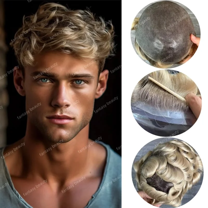 

Natural Hairline 100%European man Human Hair prosthesis 130%density durable super thin skin full PU male wig 4T/613 Men's Toupee
