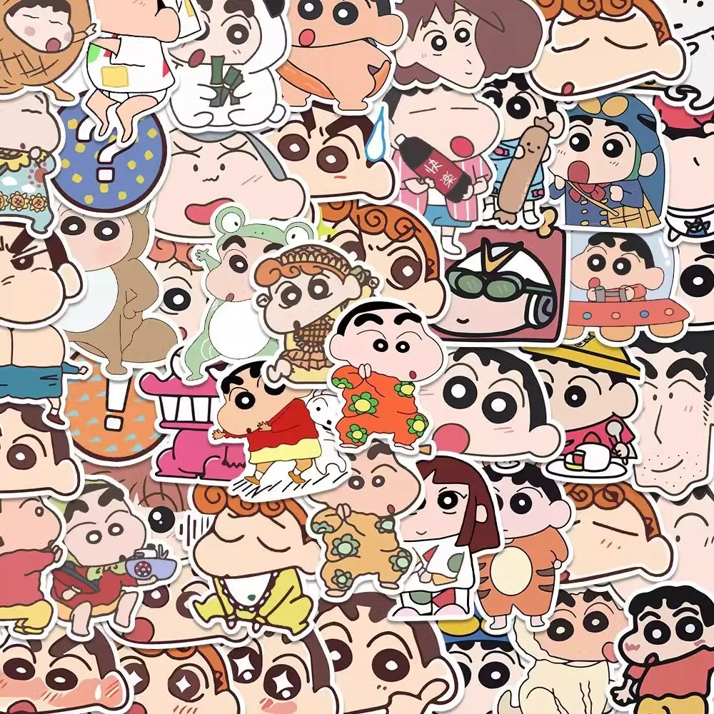 50/100 pegatinas de dibujos animados de Crayon Shin Chan sin repetición, calcomanías lindas para vasos, patinetas, juguetes Kawaii, decoración con pegatinas