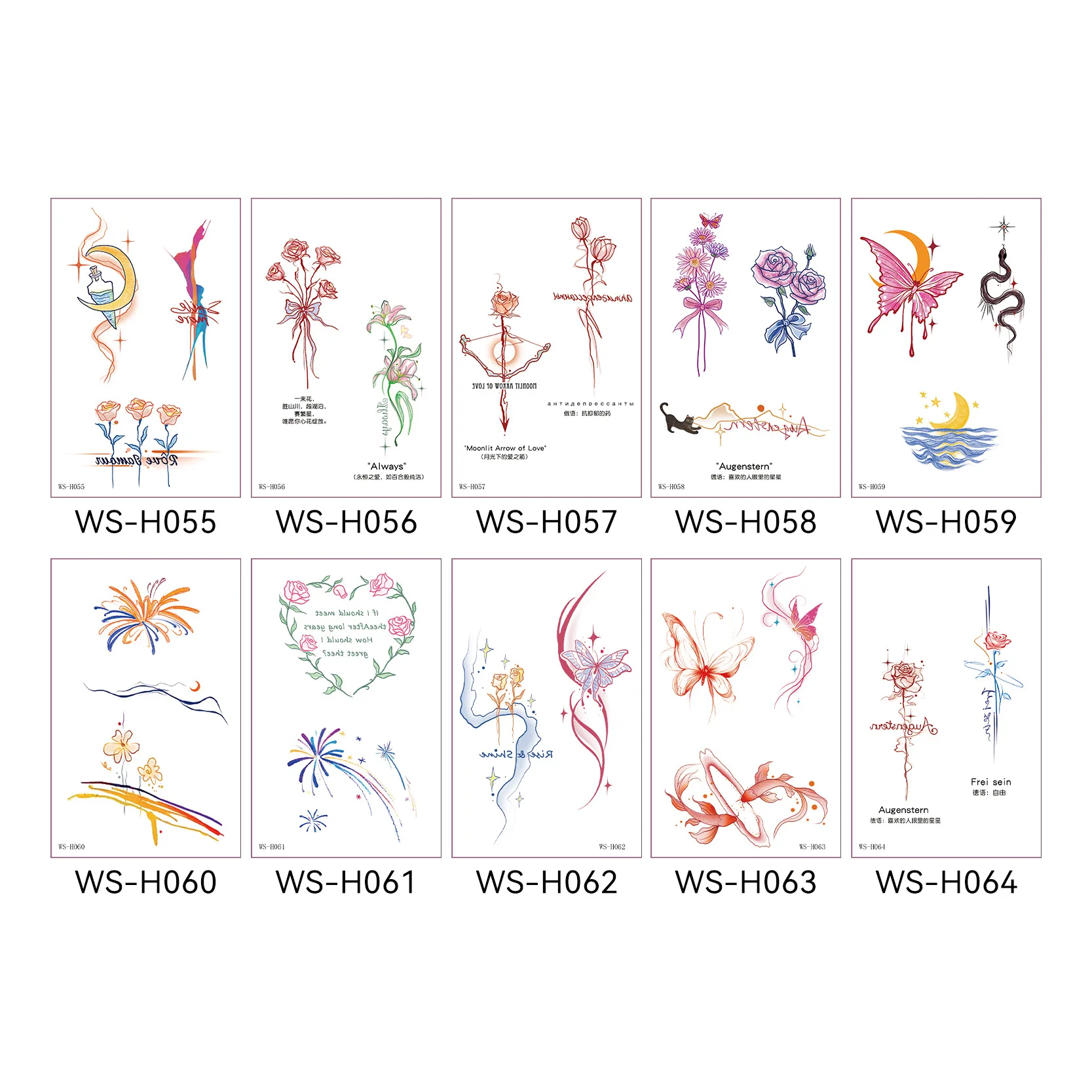 

10 pieces New Design Romantic Temporary Tattoos Colorful Rose Butterfly Goldfish Waterproof Stickers for Hand Arm Shoulder