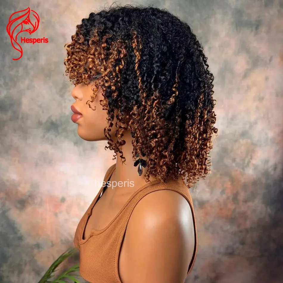 Hesperis Short Curly Human Hair Wig With Bangs Remy Ombre Wear And Go Wear Wigs Pre Colored Afro Kinky Curly Full Machine Made