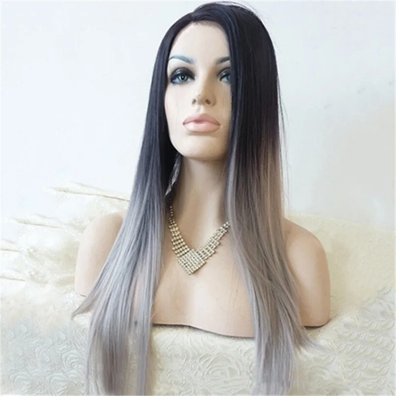 WHIMSICAL W Synthetic Wigs for Women Long Straight Black Ombre Grey Wigs Middle Part Daily Use Costume Wigs