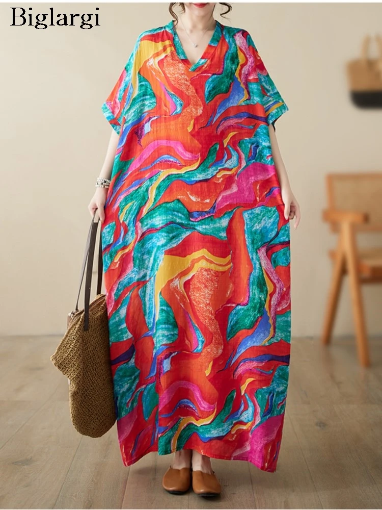 Robe longue plissée à imprimé graffiti pour femmes, robes à col en V, manches courtes, décontracté, été