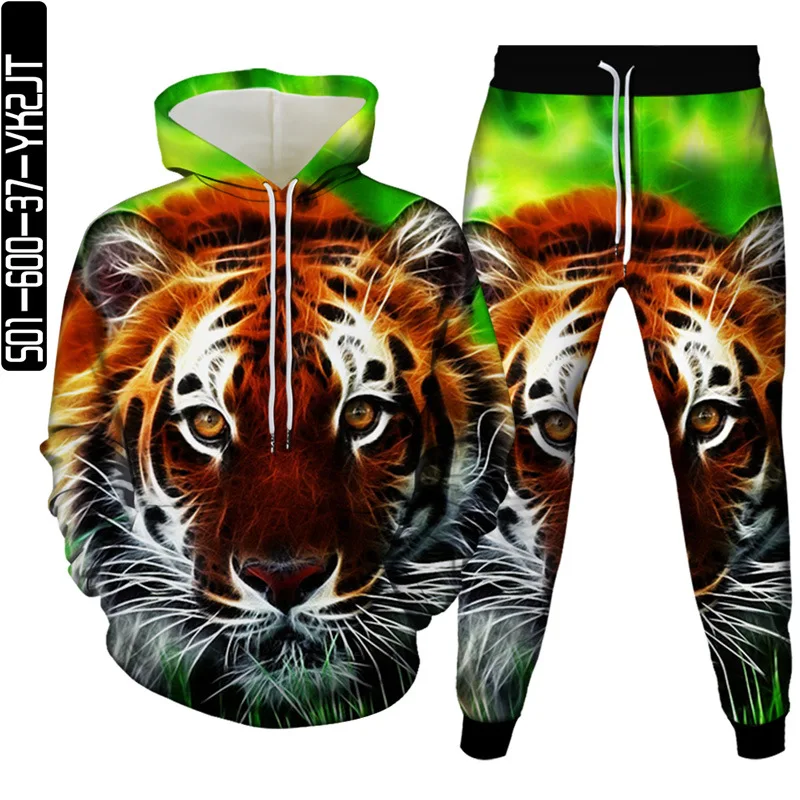 Conjunto de dos piezas con estampado 3D de Tigre y León para hombre, Sudadera con capucha, ropa deportiva de calle, Moda de Primavera