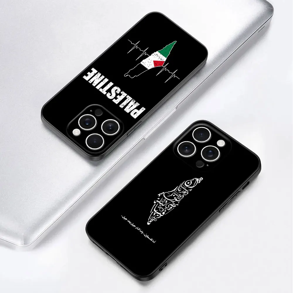 Mobile Phone Case For iPhone 18 17 16 13 15 12 Mini 14 Pro Max 11 16e X XR XS 7 6s Plus 5s TPU Black Cover Palestine Map Arabic view 2