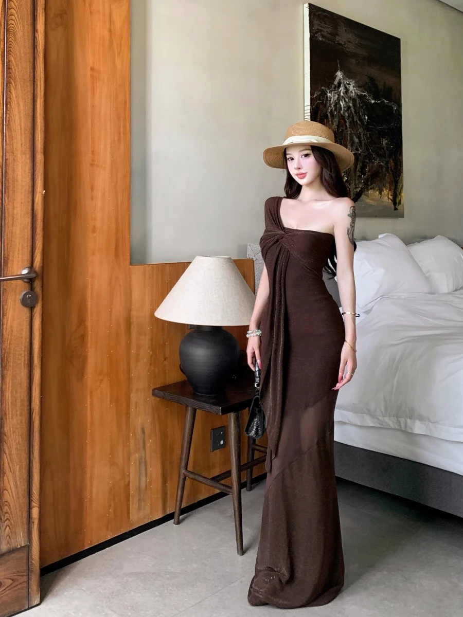 ReddaChic Vestido feminino com espartilho torcido e glitter, elástico, ombro de fora, rabo de peixe, maxi, malha longa, bodycon, festa, verão, noite, roupa de balada