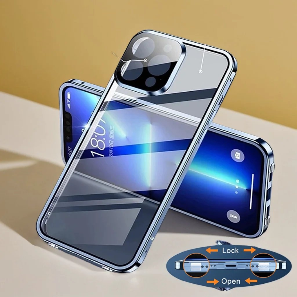 

Metal Magnetic Phone Case For iPhone 13 17e 14 16 15 Plus 11 12 Pro Max Air Double Sided Tempered Glass Protection Cover Cases