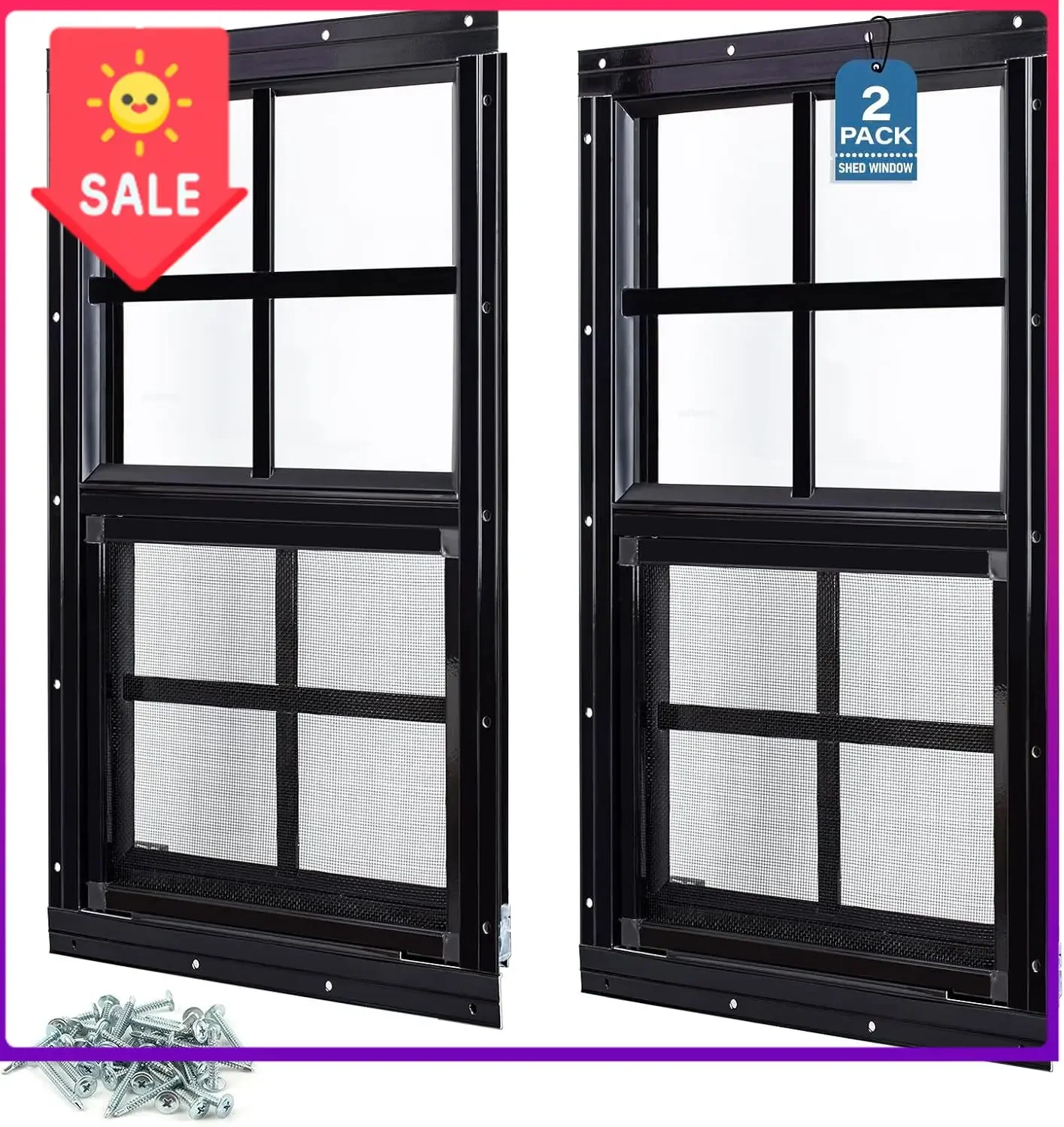 USA Stock2 Pack Shed Windows 24''x36'' Flush Mount Household Windows with Tempered Glass and Screen, Sliding Windows for Chicken