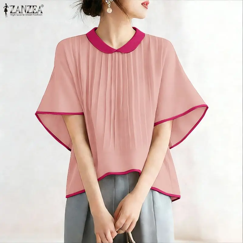 

ZANZEA Woman Casual Pleated High-Low Blouses Peter-Pan Collar Half Sleeves Contrast-Color Tops Summer Elegant Blusas de Mujer