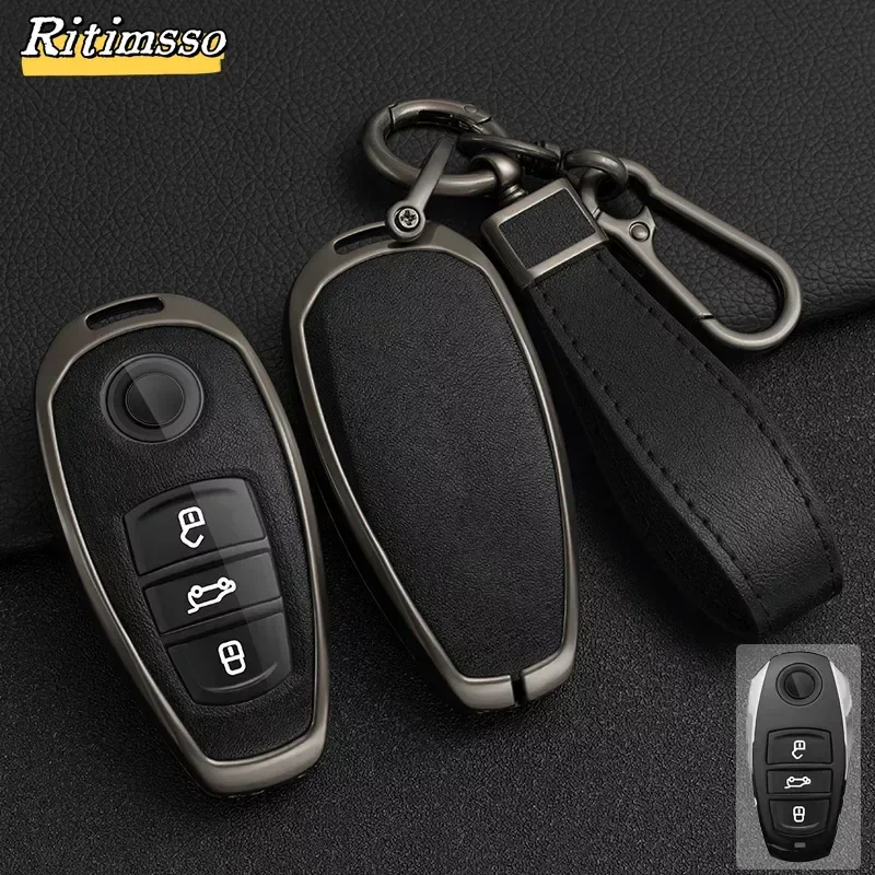 Zinc Alloy+PU Leather Cover Car Key Case For VW Volkswagen 2011-2017 Touareg, 2016-2023 Phideon 3 ButtonS Remote Key Protector