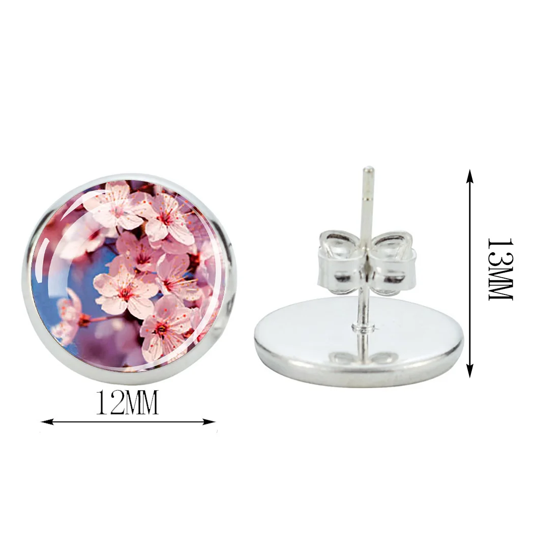 1 Pair Flower Cute Earrings for Women Girls Lilac Roses Cherry Blossom Lotus Poppy Glass Dome Stud Earring Fashion Jewelry Gift