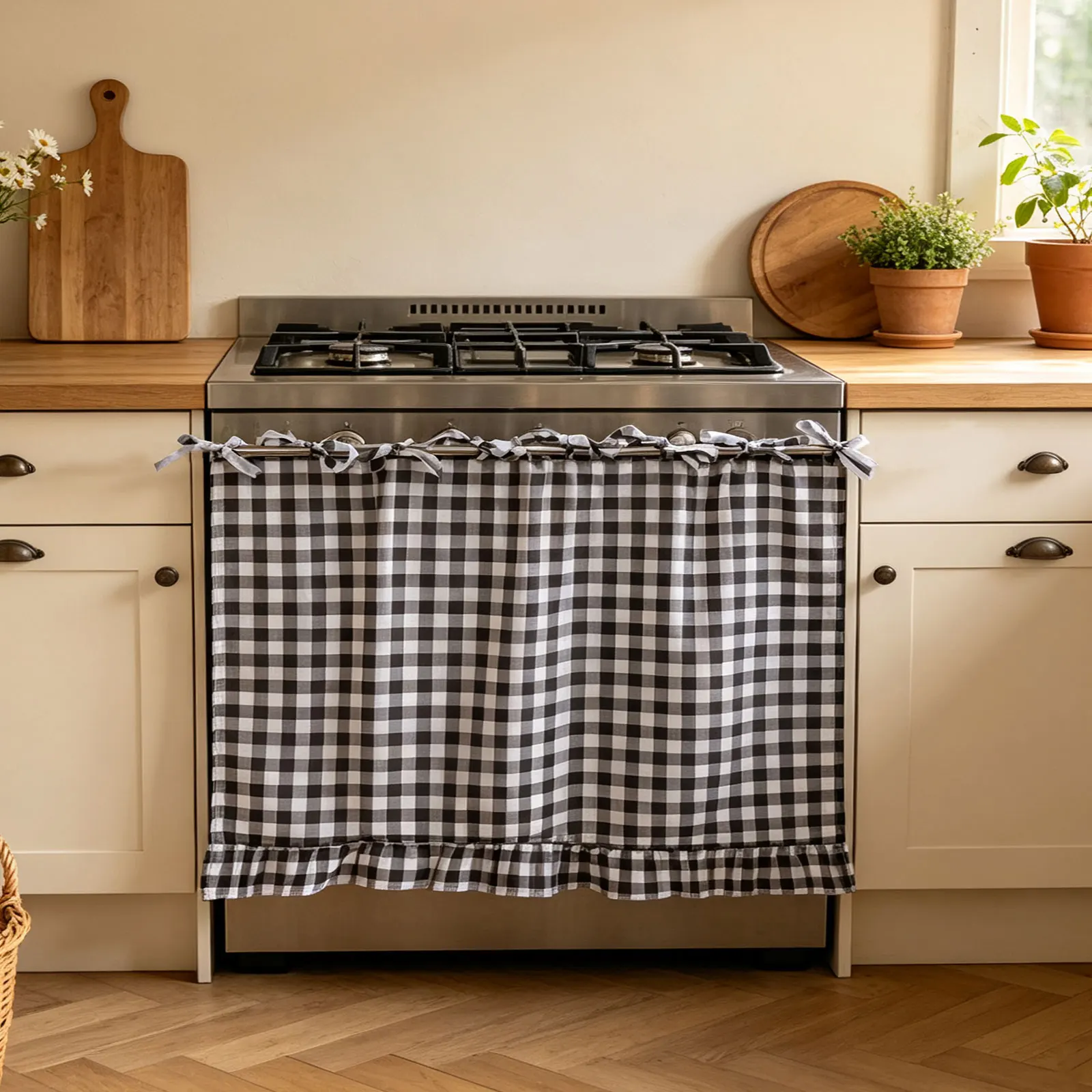 Oven Skirt Farmhouse Plaid Oven Curtain Country Kitchen Decor Stove Cover Cabinet Panel Privacy Screen