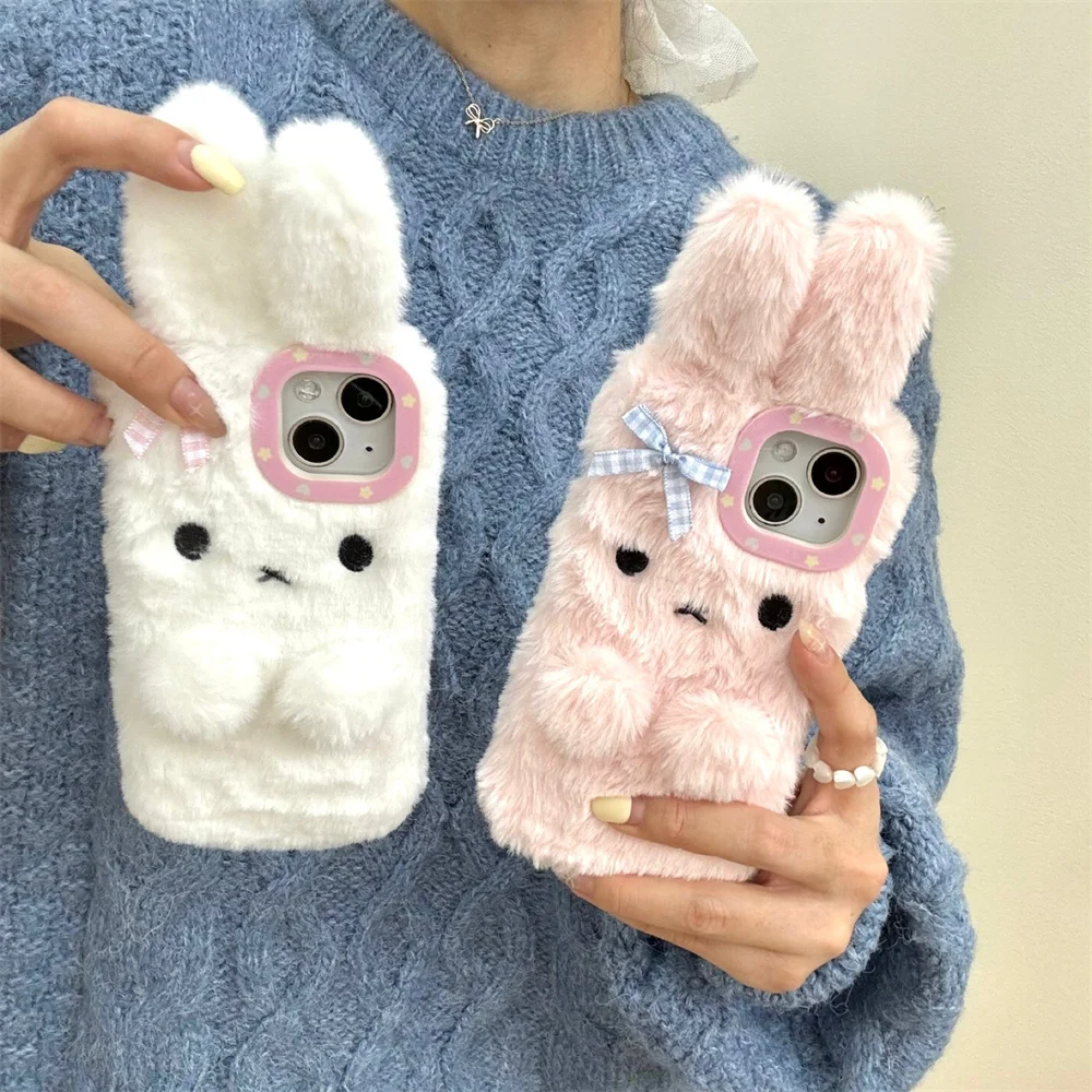 

Fluffy Warm Plush Rabbit 3D Phone Case for iPhone 15 Pro 14 13 12 16 Max 17 Pro Max Cover Cartoon Funda Cute Cases For Apple 16
