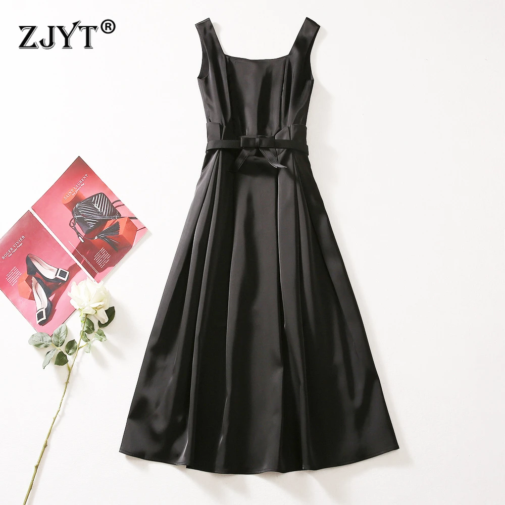 

ZJYT Summer Fashion Womens Sleeveless Dress Runway 2025 Designer Elegant Square Collar Simple Black Red Midi Party Tank Dresses