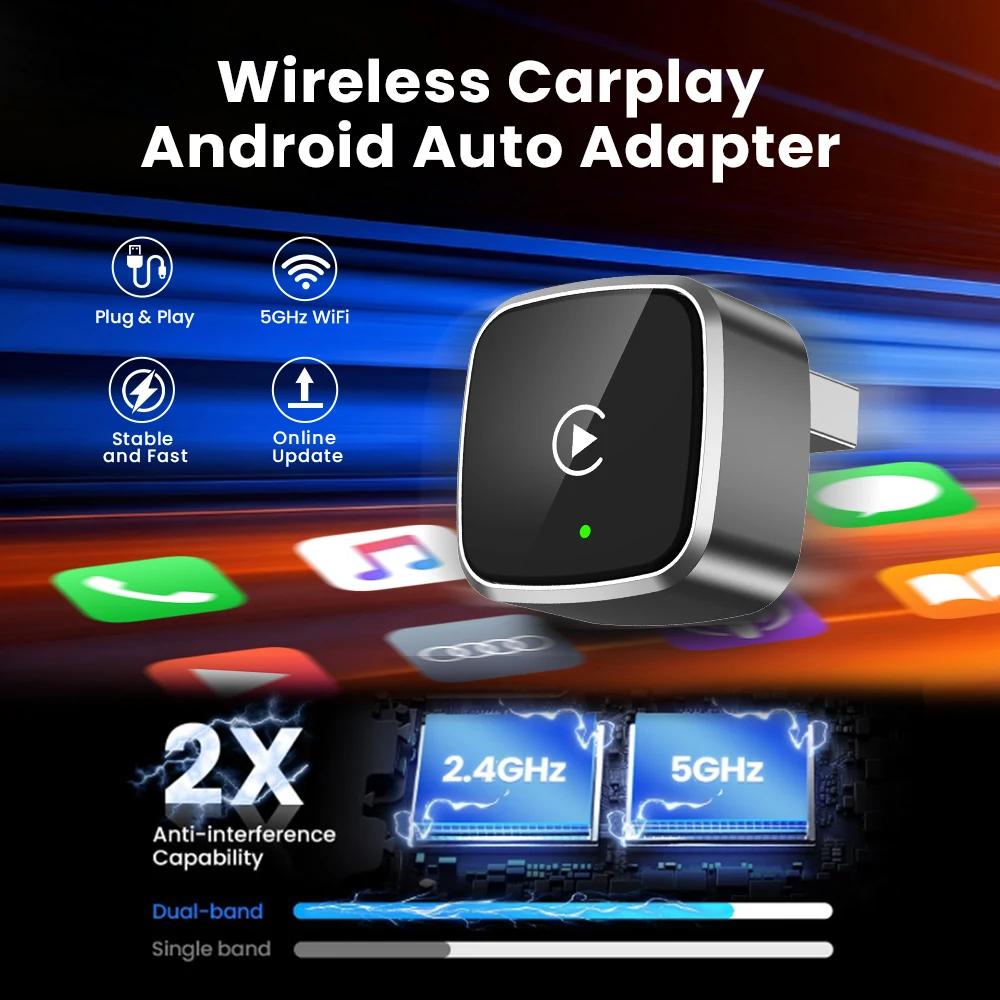 Carplay محول لاسلكي أندرويد السيارات 2in 1 الذكية دونغل 2025 5G WIFI آيفون أندرويد الهاتف لفولفو بنز MG كيا شيري VW