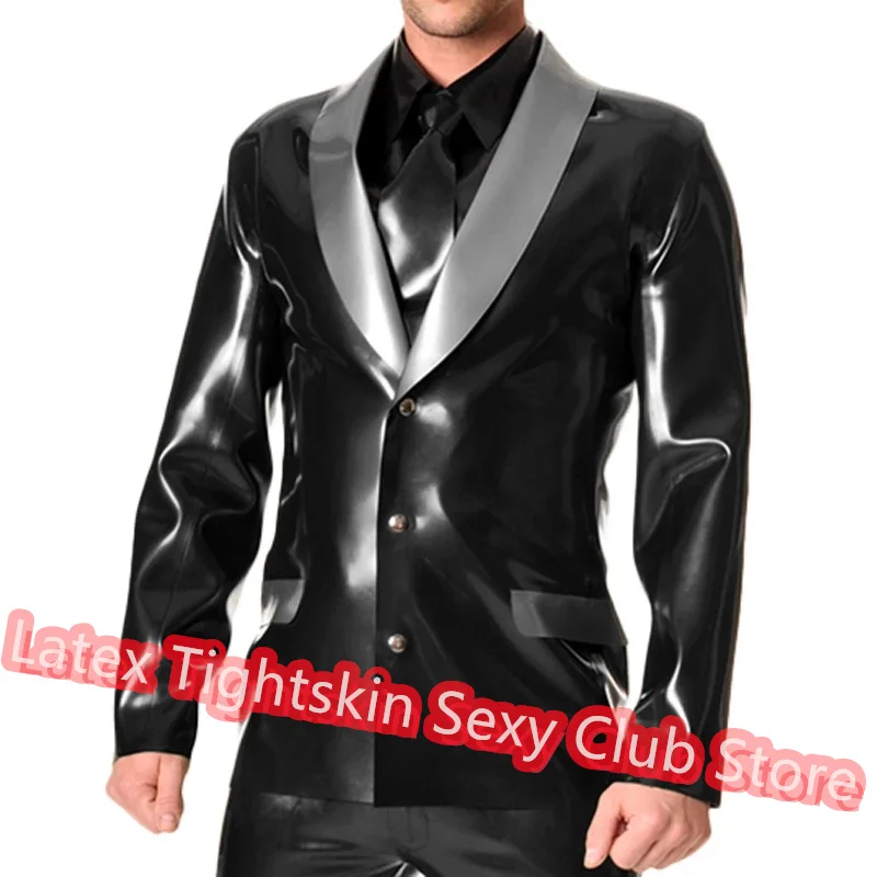 

Handmade Men Latex Top Long Sleeves Jacket Shirt Man Sexy Tops Rubber Suit Black with Silver Cosplay Costume