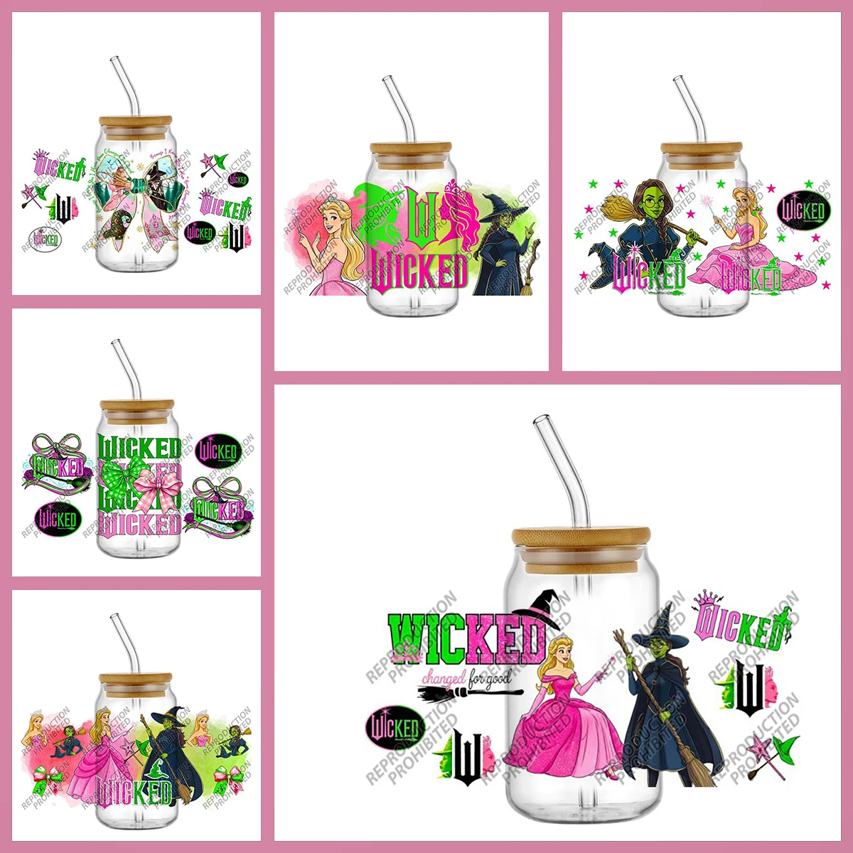 

Pink Magic Theme UVDTF Cup Wraps for Glass, Bow Hats Broom Silhouettes Design Waterproof Transfer Sticker