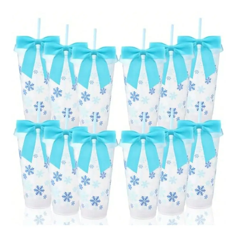 

Sets Snowflake Themed Party Plastic Cups With Blue Twist Bows 24 Oz Reusable Snowflake Cups Gift Winter Wonderland Birthday Par