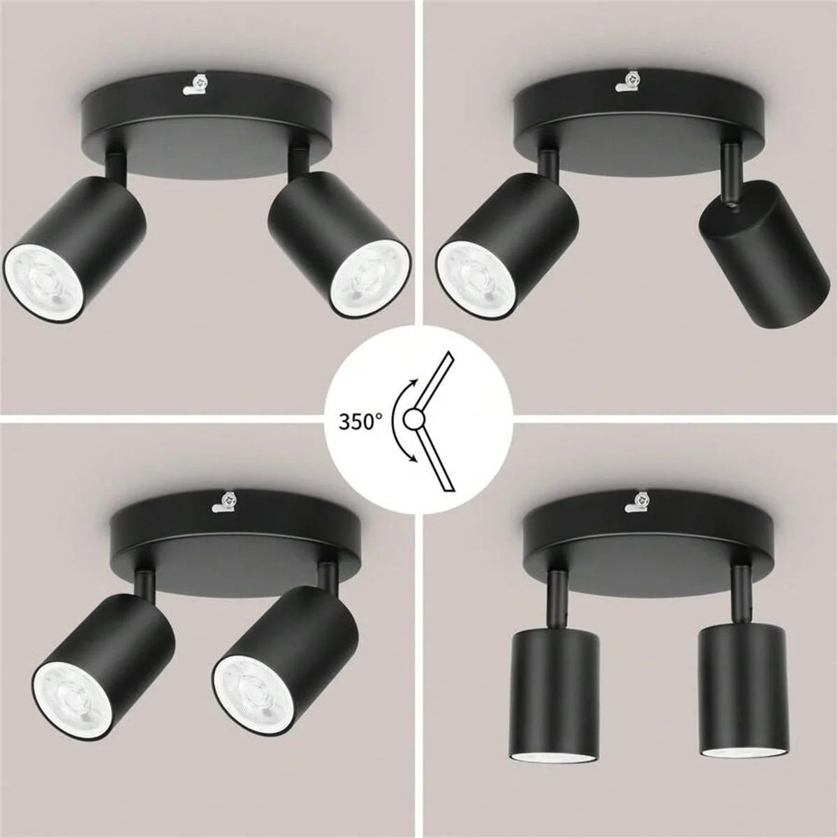 LED Ceiling Light - 350° Rotation, 2 Lights GU10 Wall Light Black - Energy Saving, Living Room, Bedroom, Kitchen,  Bulb N