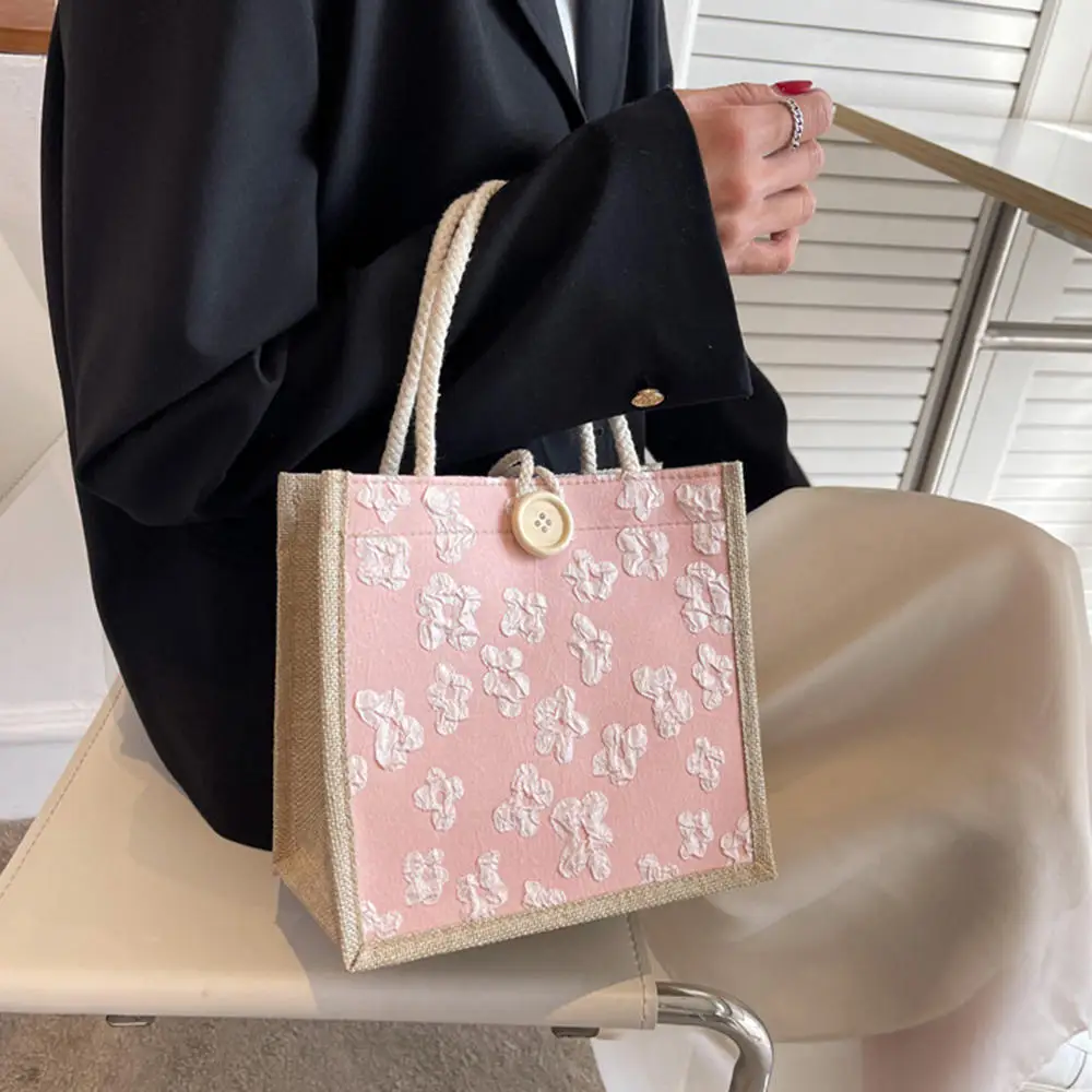 Bolso de mano de arpillera con estampado de flores para mujer, bolsa de lino con asa superior ecológica portátil, ideal para la playa y el verano