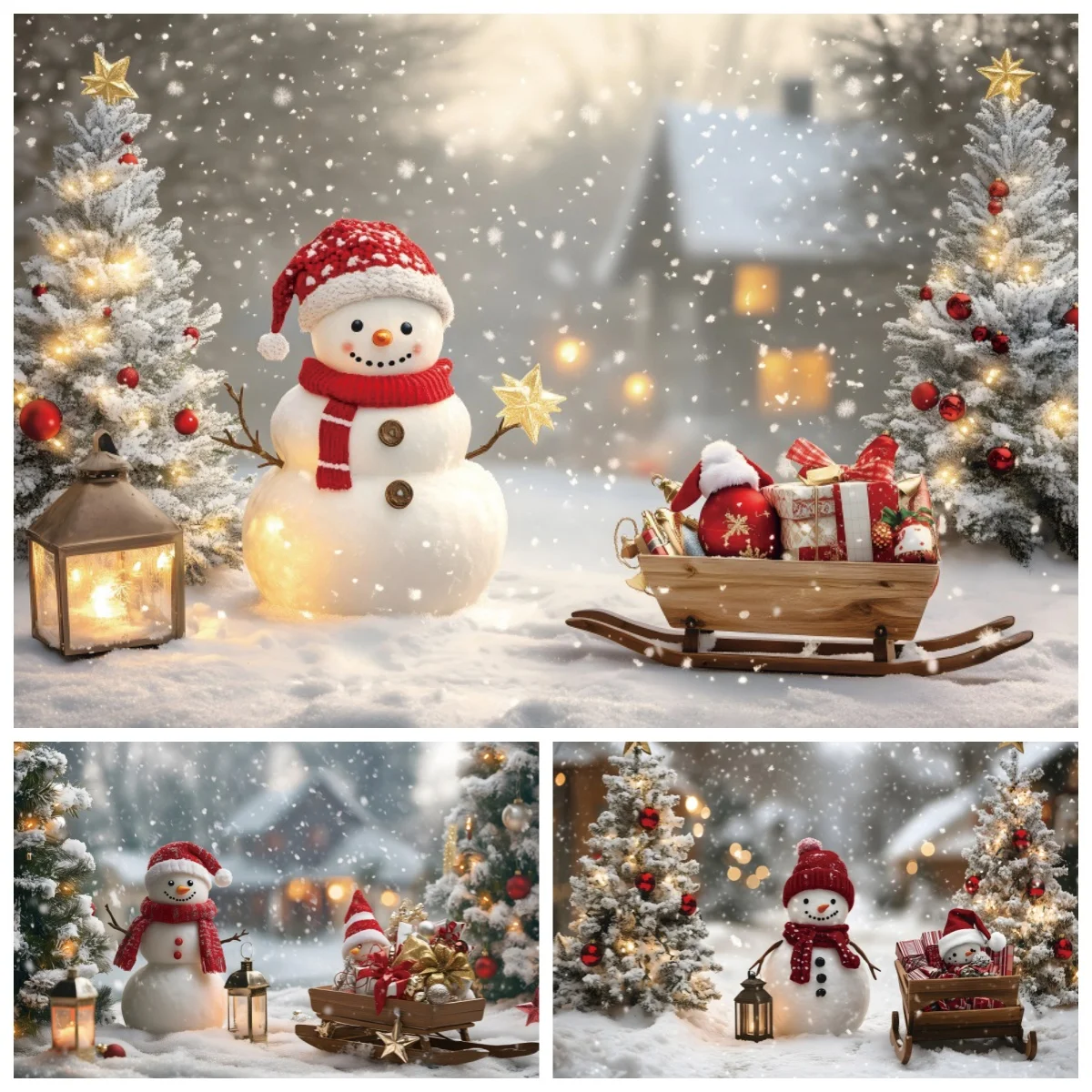 Christmas Snowman Photography Background Winter Forest Path Scene Christmas Tree Kids Adults Portrait Backdrop Photozone Props