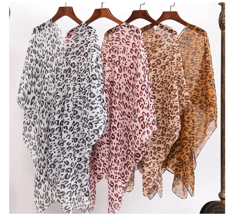 2024 New leopard Print Women Sunscreen Shawl Printed Imitation Silk Scarf Shawl  Summer Shawl Poncho Capes Brown