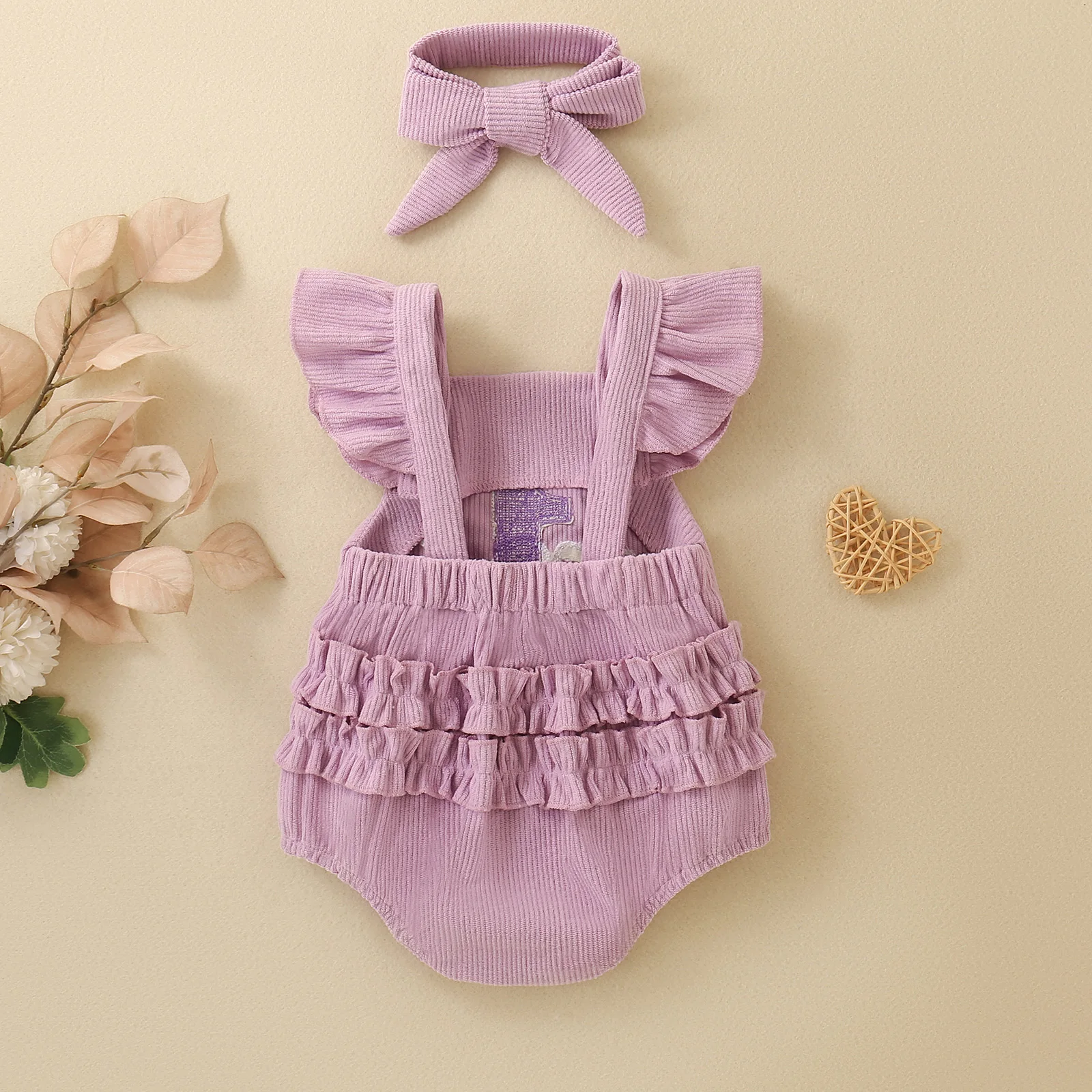 Baby Girl 1 Year Old Birthday Photo Shoot Outfit Purple Corduroy Ruffle Shoulder Romper with Bow Headband
