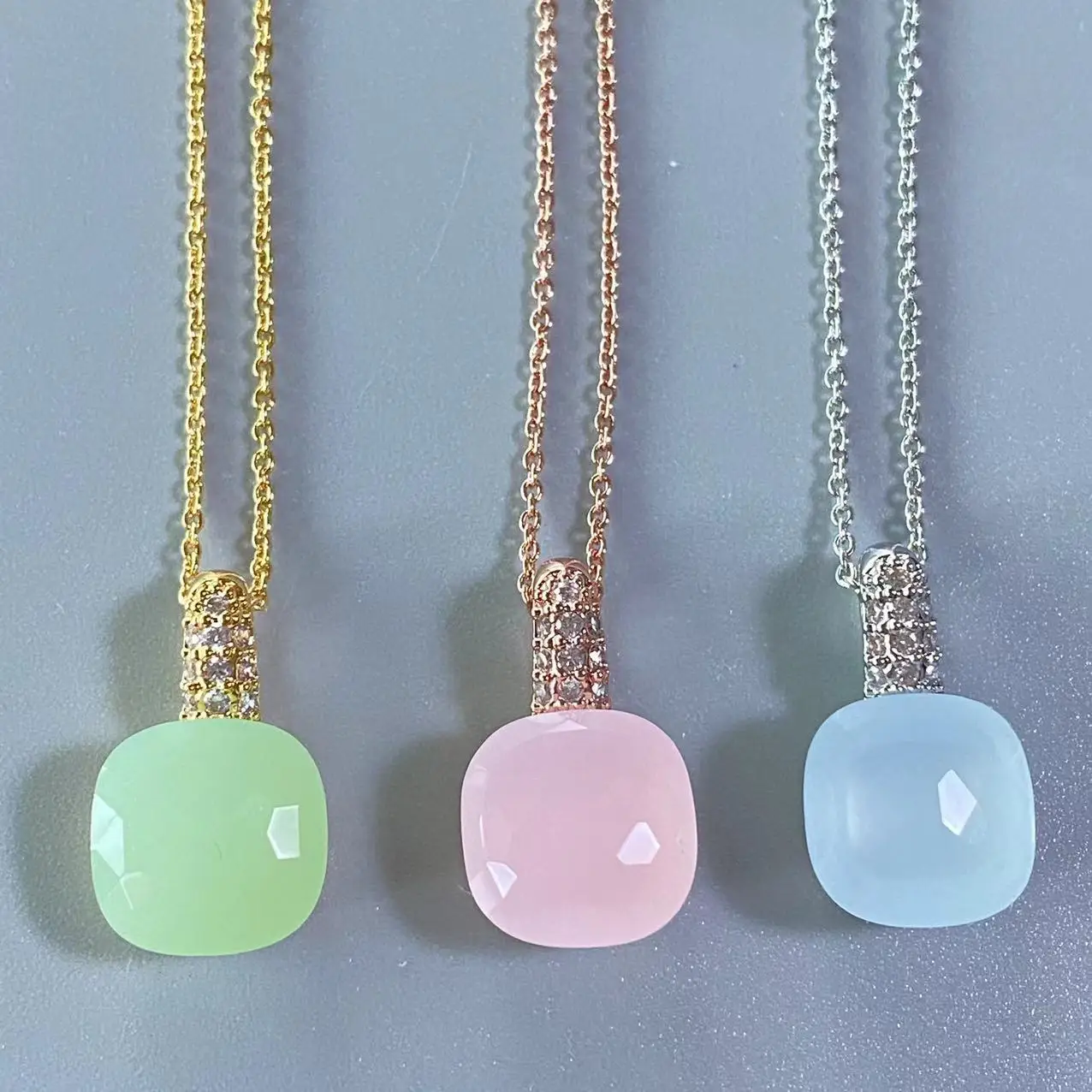 12.6mm  Pendant Necklace for Women Crystal Pendant Necklace Pink Blue Pendant Square Candy Style Accessories Party Gift