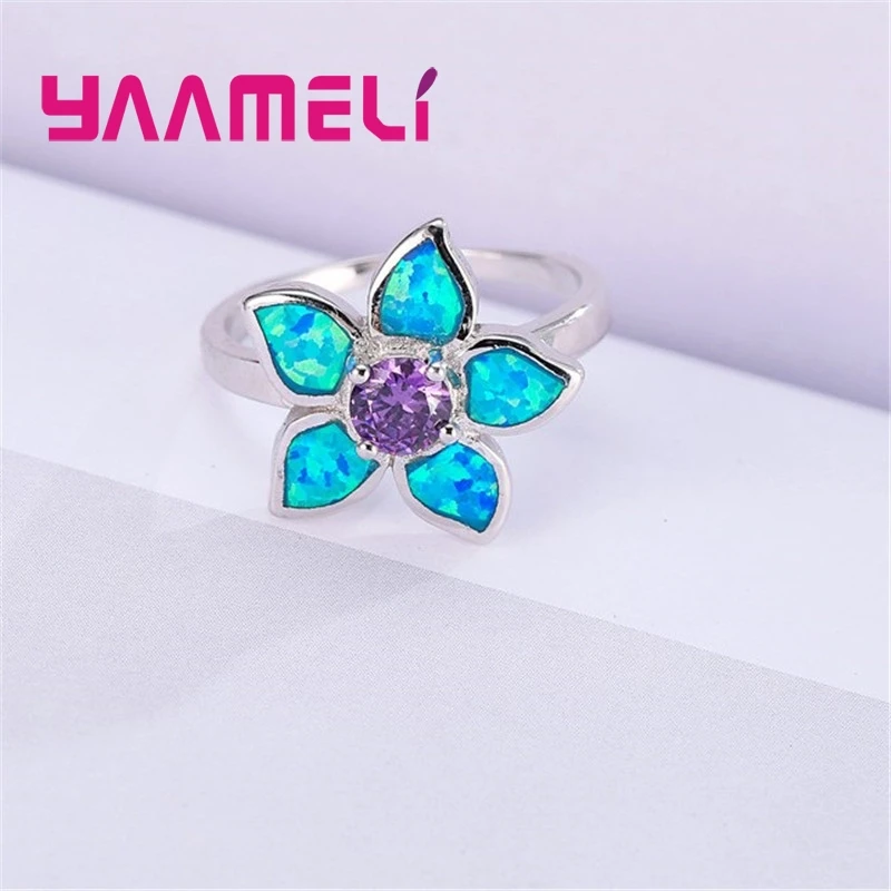 Winter Sale Purple and Blue Fire Opal Flower Ring Fashion Women Lady Best Gift Authentic 925 Silver Jewelry 925 Stamp Anillos