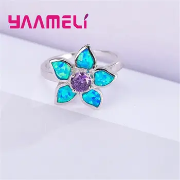 冬季特賣 紫色和藍色火歐泊花朵戒指 時尚女士最佳禮物 正品925銀飾 925印記 Anillos 10 最佳銷售 藍色蛋白石戒指 - №9