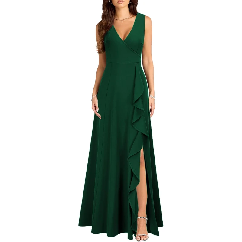 Women's V Neck Sexy Split Cocktail Dress with Pockets Ruffle Party Long Formal Dress