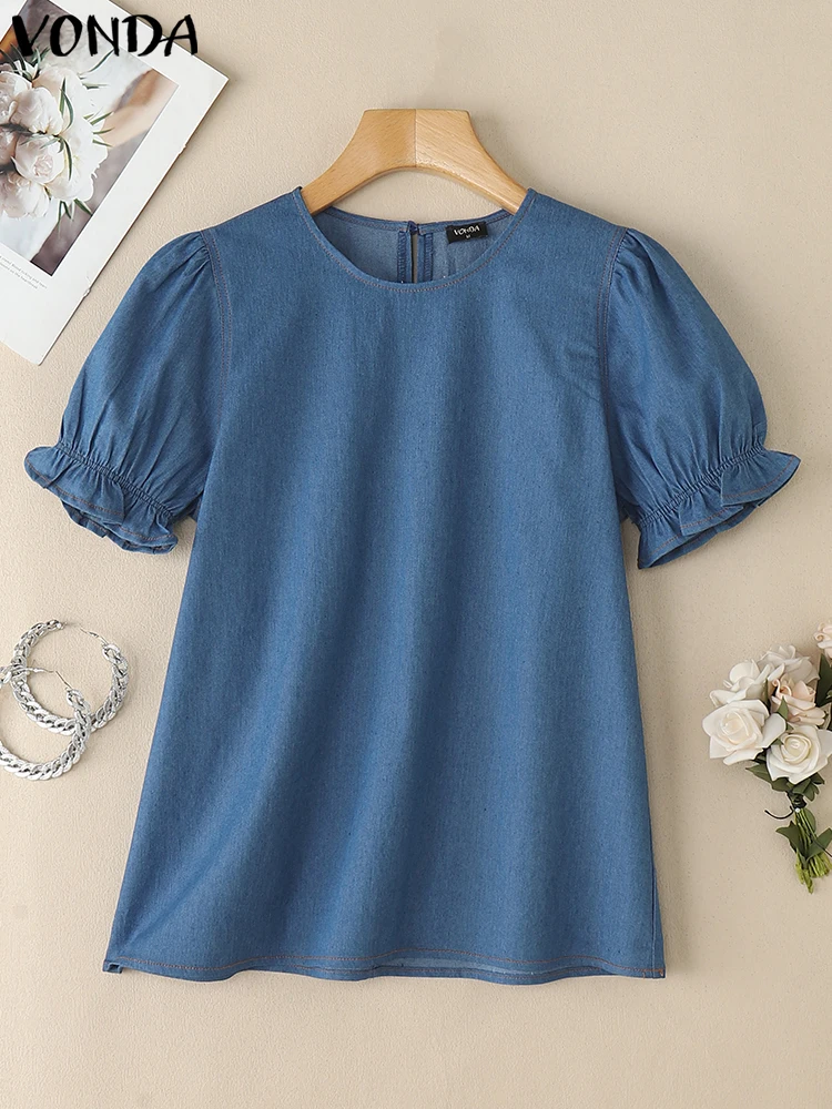 2025 Fashion Blouse VONDA Women Denim Summer Tunic Tops Elegant Short Puff Sleeve Shirts Casual Loose Solid Color Vintage Blusas