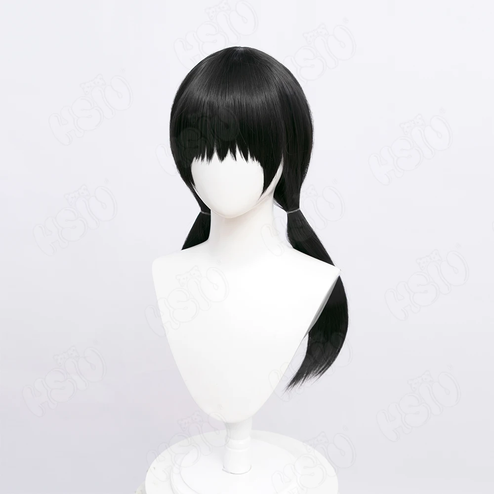 Mitaka Asa-Peluca de Cosplay para hombre, accesorio de motosierra de Anime, pelo largo negro y negro, doble cola de caballo, pelo largo + gorro de peluca