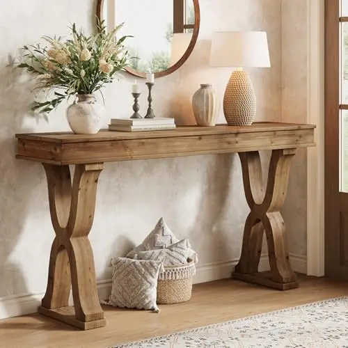 63-Inch Solid Wood Console Table, Farmhouse Entryway Table with X-Shaped Legs, Long Sofa Table for Living Room