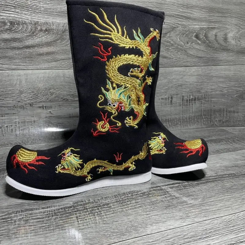Buty z czarnym smokiem Opera chińska Buty cesarskie dla dorosłych Płaskie buty do zabawy filmowej na scenie Buty z haftem