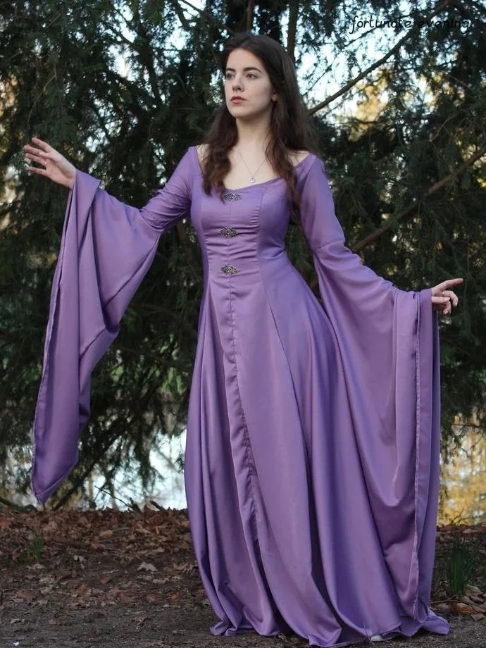 

Fortunate Evening Elegant Vintage Purple Royal Long Sleeves V-Neck A-Line Formal Occasion Prom Dress Evening Party Gowns