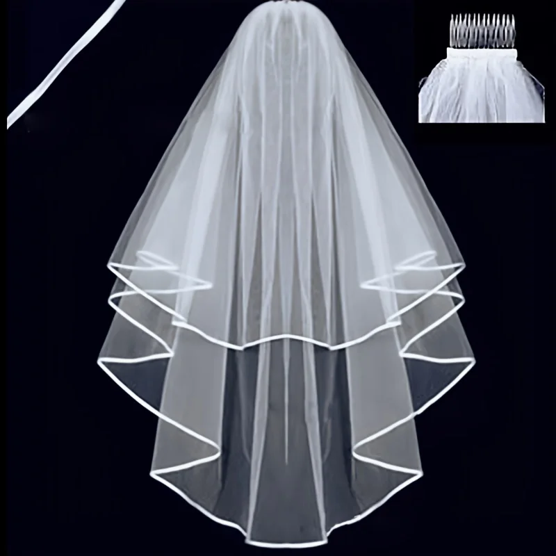 White Ivory Double Ribbon Edge Center Cascade Bridal Wedding Veil with Comb