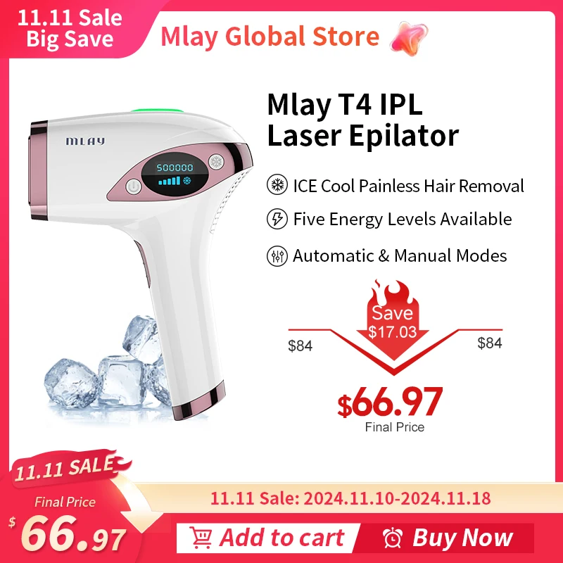 

MLAY T4 IPL Laser Handheld Hair Removal Machine Ice Cool Permanent Face Body Bikini Epilator with 500000 Shots for Home Use