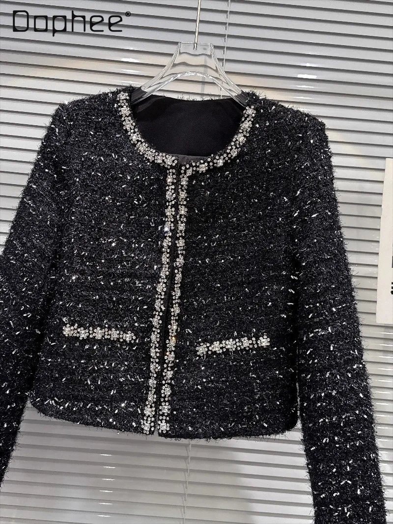 

Exquisite Socialite Temperament Rhinestone Patchwork Round Neck Shiny Wool Coat Top High-end Fashion Versatile Short Coat Women