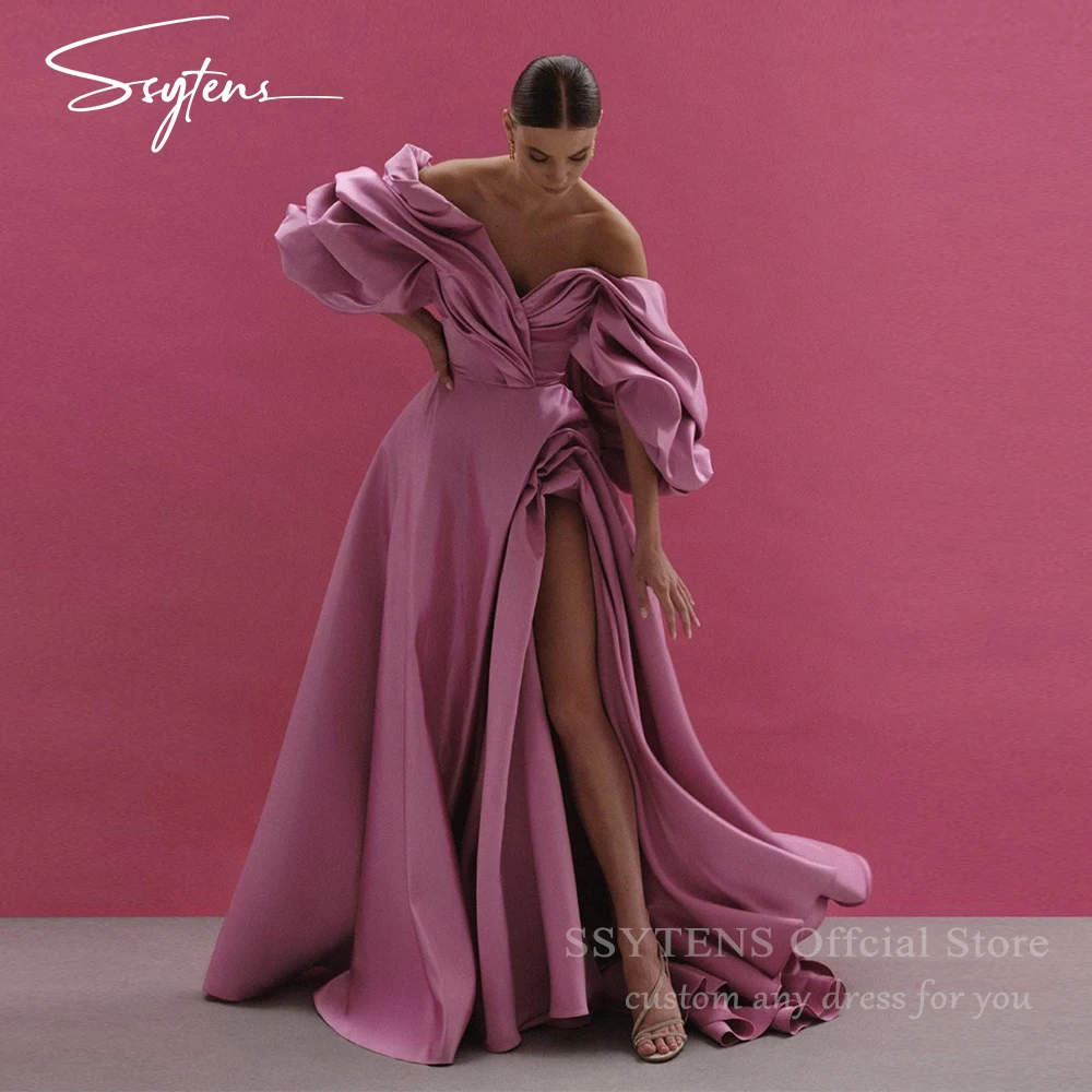 

SSYTENS Pink Elegant Prom Gown Off the Shoulder Party Dress for Woman Satin Pleats Side Split Wedding Evening Dresses Customized