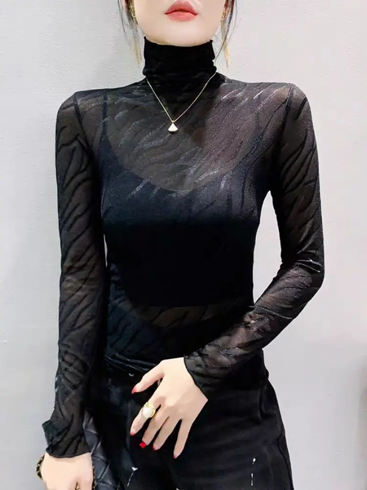 Single Layer Mesh Base T Shirt Girls Long Sleeve Turtleneck Transparent Tees Slim Women See Through Black Tshirts