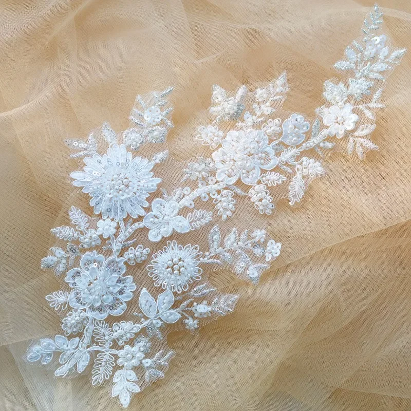 3Pairs New pearl embroidery lace flower DIY accessories high-end pearl embroidery lace patch patch