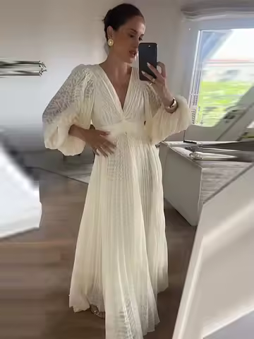 Chic Print Puff Sleeve Long Dress For Women Elegant Deep V Neck High Waist A-line Maxi Dress Lady 2025 Summer Evening Party Robe