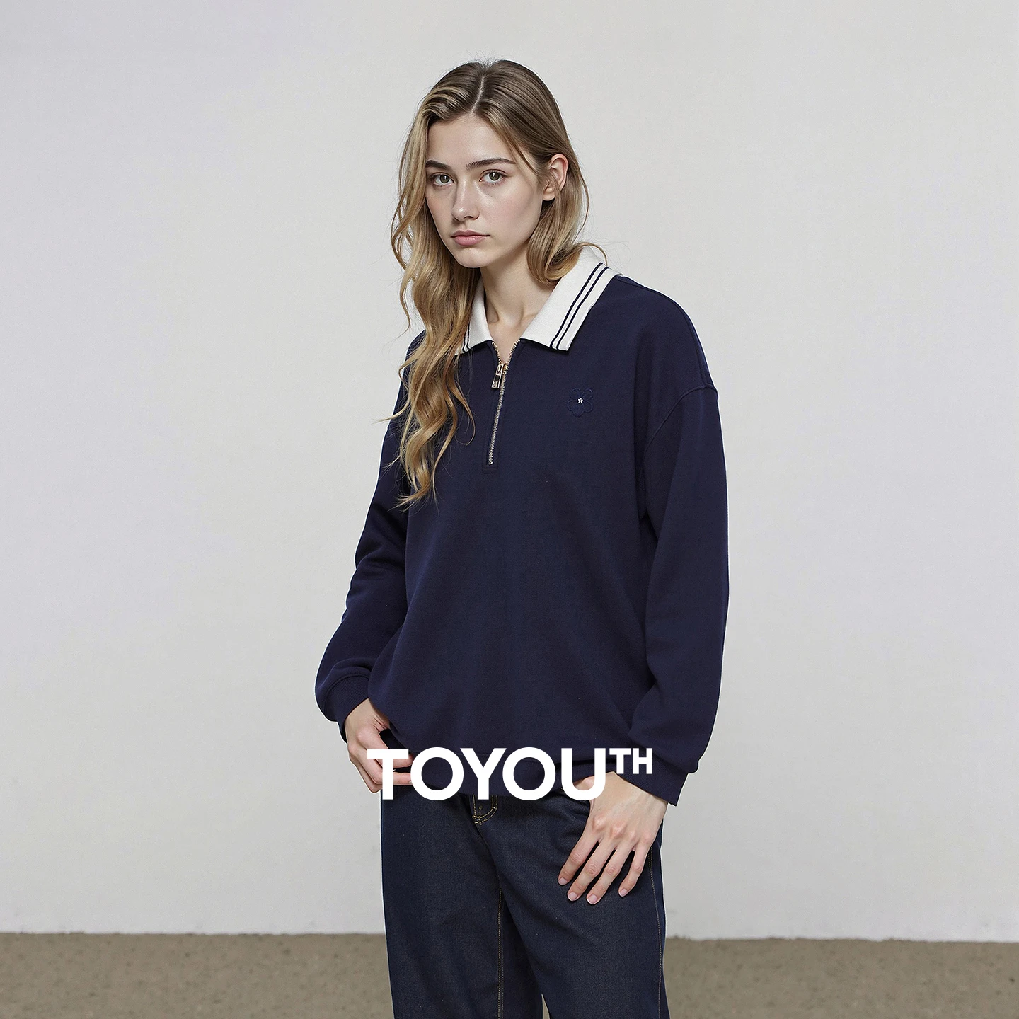 TOYOUTH Women Hoodies 2025 Winter New Fleece-lined Color-block POLO Collar Loose Tops