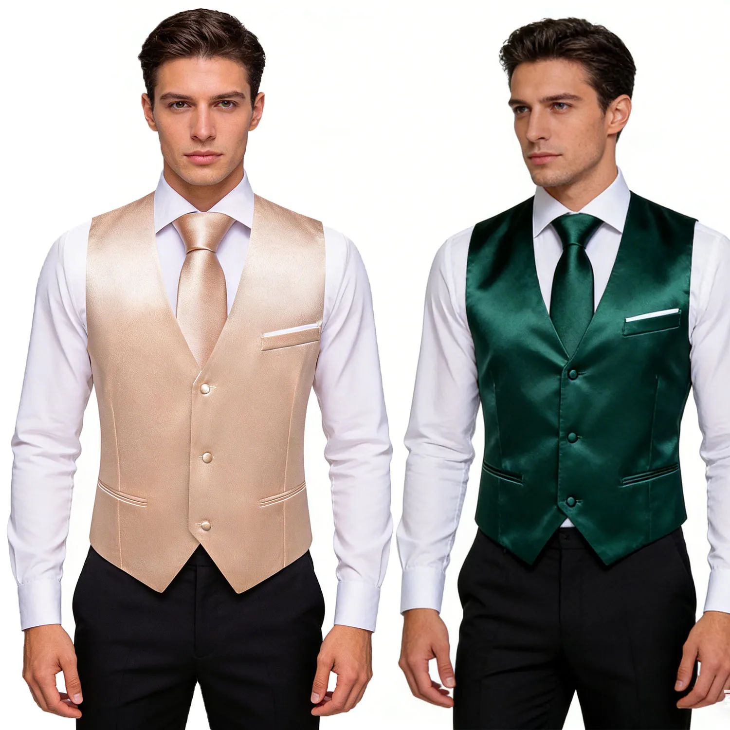 

Men's Stain Green Champane Pink Vest & Tie Hanky Cufflinks Set – Formal Waistcoat for Weddings Events Party Gift