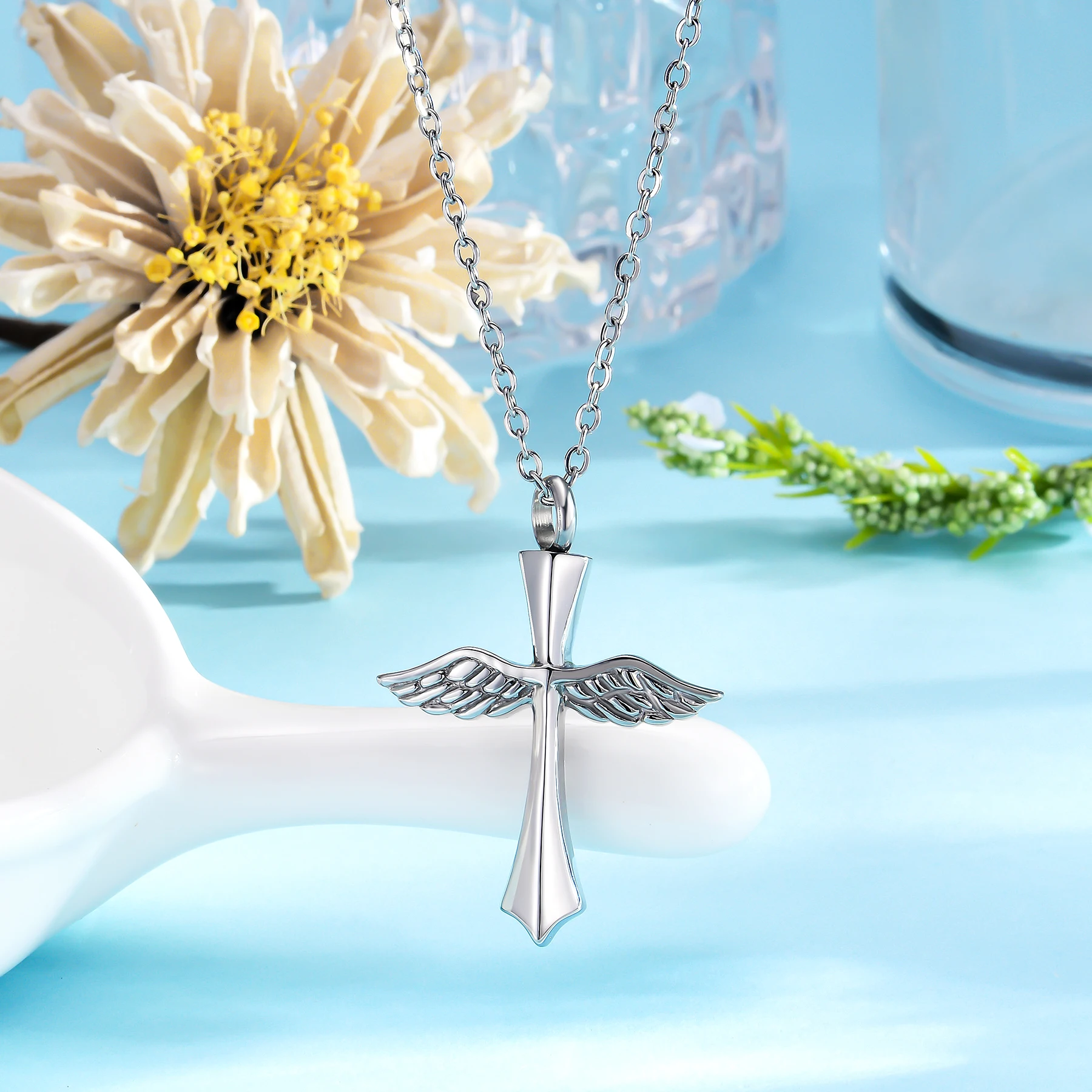 Beerdigung Engels flügel Kreuz Denkmal Halskette Edelstahl Urne Anhänger Halskette für Asche Einäscherung Andenken Schmuck